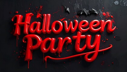 Halloween Party text art in red, with bat silhouette on a dark splatter background