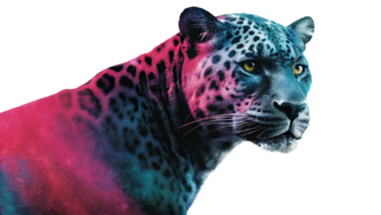 Jaguar With Neon Pink And Blue Abstract Paint Splatter big cat feline isolated on a transparent background