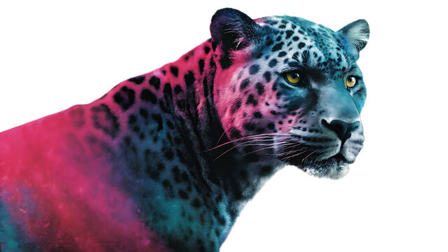 Jaguar With Neon Pink And Blue Abstract Paint Splatter big cat feline isolated on a transparent background - Powered by Adobe