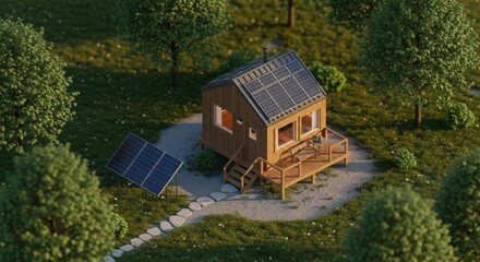 Tiny house with solar panels in a green environment, showcasing sustainable living and renewable energy in a miniature home setting