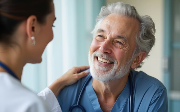 Happy woman, nurse and portrait of senior man with support, medical service and helping patient in retirement. Face of caregiver, elderly person and smile for trust, healthcare and nursing home