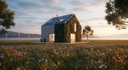 Modern house covered in greenery with solar panels on the roof, standing in a field of flowers with wind turbines in the background