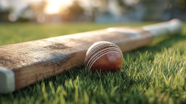 Cricket Ball and Bat resting on green grass under sunlight - Powered by Adobe
