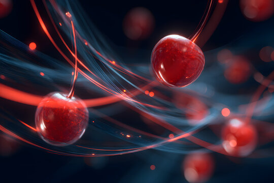 glowing red light trails forming cherry shapes with neon flow on a dark futuristic background aesthetic