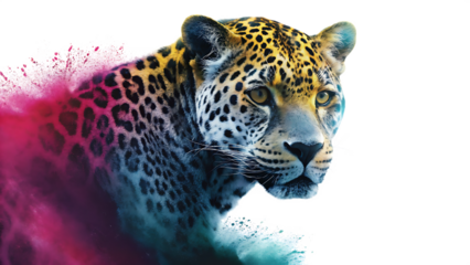 Jaguar With Pink And Teal Powder Explosion Effect big cat feline isolated on a transparent background