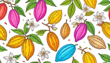 Pattern of cocoa pods, leaves, and flowers in bright colors on a white background. Hand-drawn style, colorful