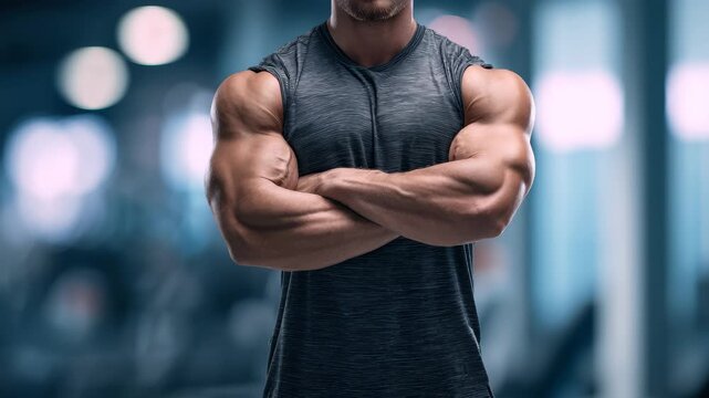 Bodybuilder poses confidently in a blurred gym setting showcasing strength and determination