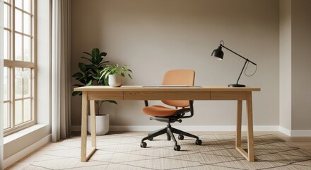 Comfortable home office setup with natural light and minimalist decor creating a productive workspace for remote work and study