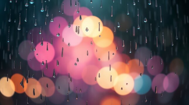 Colorful city lights blurred through raindrops on a window during a rainy evening