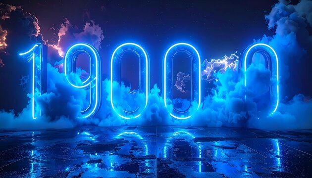 Large neon blue number on a wet, reflective surface with clouds in the background under a dark, starlit sky