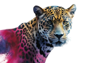 Jaguar With Pink And Purple Abstract Paint Splash big cat feline isolated on a transparent background