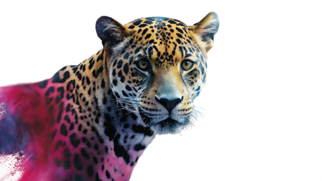 Jaguar With Pink And Purple Abstract Paint Splash big cat feline isolated on a transparent background - Powered by Adobe
