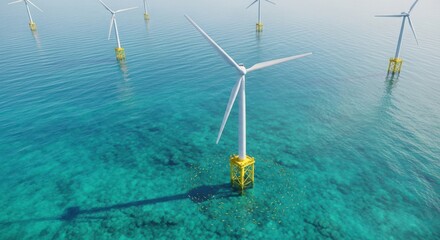 Offshore wind farm in the turquoise sea, a sustainable energy source for the future, generating clean electricity and reducing carbon emissions