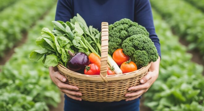 A person holding a basket full of fresh vegetables from the garden in a field, promoting healthy eating and sustainable agriculture