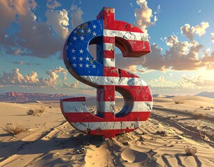 Large dollar sign in desert, US flag pattern. Sunset