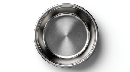 Overhead shot of a circular, stainless steel bowl with a brushed metal finish, showing concentric circles reflecting light, isolated on a white background