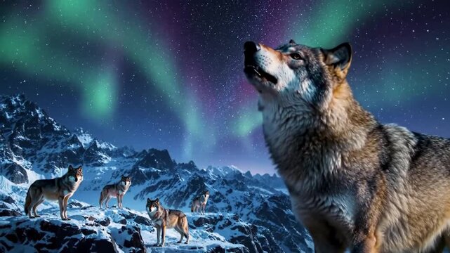 A pack of wolves scattered across a rocky mountain ridge under a sky filled with falling stars (meteor shower)