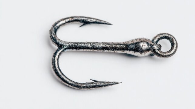 A weathered, metallic treble fishing hook with three sharp barbs, a slightly tarnished shank, and a small, round eyelet for line attachment, rests on a plain white background
