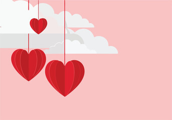 Valentine's Day illustration featuring hanging paper hearts and fluffy clouds against a pink background.