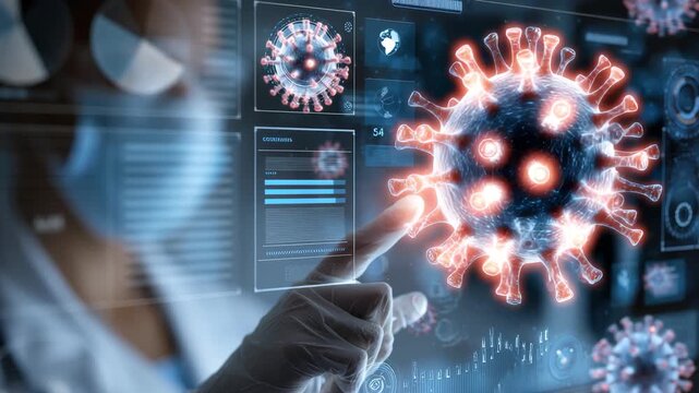 Robotics scientist analyzes and diagnoses pandemic data using virtual interfaces in modern laboratory settings - Powered by Adobe
