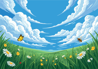 Idyllic summer meadow with blooming daisies, a butterfly, and a bee under a vast blue sky with fluffy clouds.