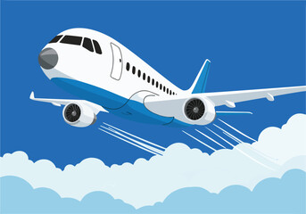 A white and blue airplane soaring through a bright blue sky above fluffy white clouds.