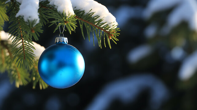 Single Blue Christmas Ornament Hanging on Snowy Fir Tree Branch bauble decoration