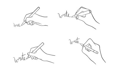 Hand drawing the word "write" with different writing tools