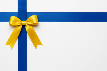 Yellow bow with a blue ribbon on a white background, gift, 3D, packaging, New Year, Christmas, 2026, birthday, empty space for text, template, photo background, advertising, banner