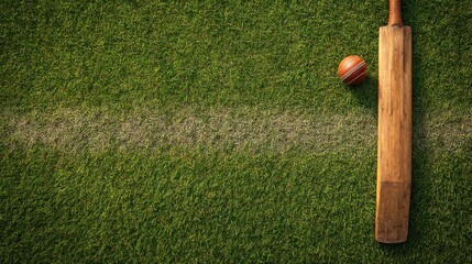 A weathered cricket bat rests on a verdant pitch beside a red leather ball, adjacent to a white boundary line, under soft sunlight. The scene evokes a sense of classic cricket
