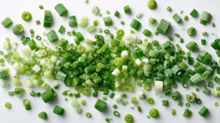 A scattering of finely diced green onions, varying in size and shade of green, is displayed against a stark white backdrop. 
