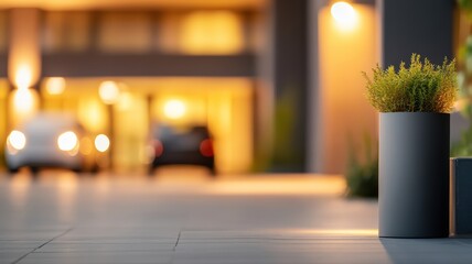 Elegant luxury hotel exterior at night featuring modern tall potted plant, warm entrance lights and blurred car arrival, conveying premium hospitality and stylish architectural concept