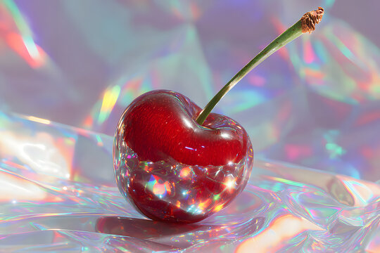 hyperrealistic cherry with holographic reflections on a metallic surface creating a futuristic artistic food concept