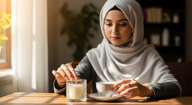 A young woman wearing a hijab is sitting at a wooden table, enjoying a bowl of cereal and a glass of milk in a cozy, well-lit kitchen setting