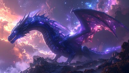 Majestic dragon with celestial patterns atop a rocky peak under a vibrant, nebulous sky