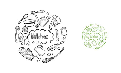 Hand-Drawn Kitchen Utensils and Appliances in a Circular Arrangement