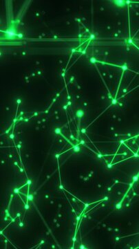 Glowing green digital network with connected dots and lines forming a bright abstract grid on dark background