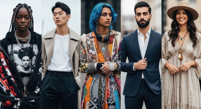 Group of diverse models showcasing various clothing styles and fashion trends. Representation of different cultures and modern apparel for diverse fashion.