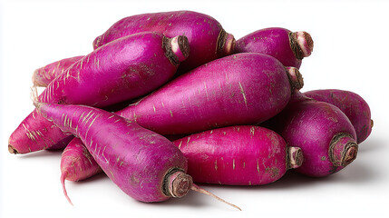 A pile of whole purple daikon radishes with smooth, vibrant skin and natural surface markings, isolated on a white background. The radishes display a rich magenta hue with subtle imperfections.