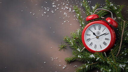 Red Alarm Clock Surrounded by Pine Branches and Snowflakes (37) stock