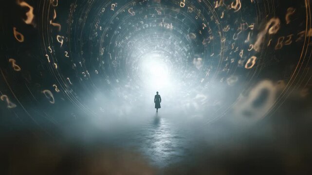 Time traveler journeys through an astral world of swirling numbers and light in a mysterious cosmic landscape