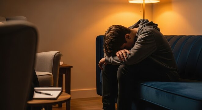 Young man sitting on couch with head in hands, suffering from depression or anxiety. Mental health awareness concept for emotional support.