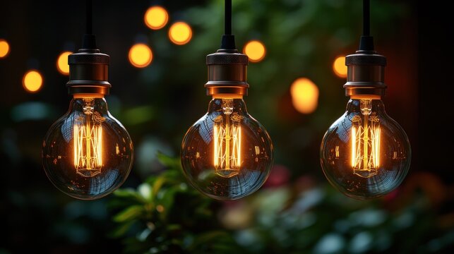 Three warm-toned Edison bulbs hang, soft focus on blurry greenery and lights - Powered by Adobe