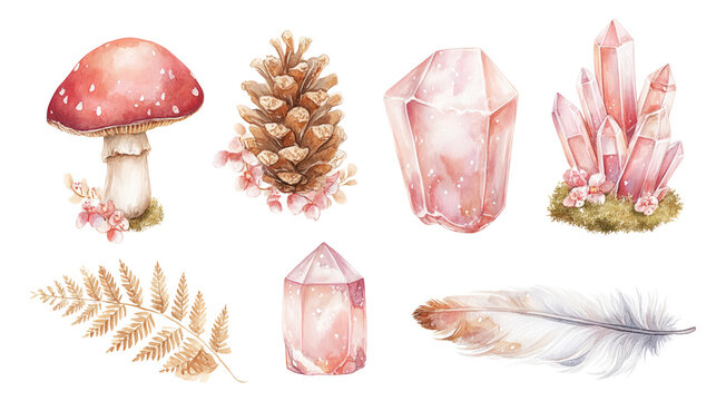 Beautiful Isolated Forest Finds with Crystals, Pinecones, and Nature Elements