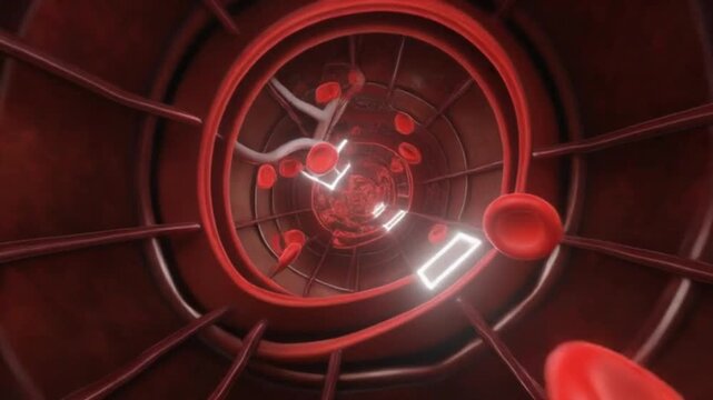 3D cinematic animation following red blood cells as they travel through the chambers of the heart. Valves open and close in slow motion, dynamic camera inside the heart, warm lighting