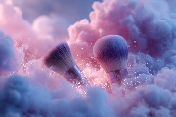 Stunning makeup brushes floating in dreamy pink clouds, perfect for beauty, cosmetics, and luxury branding projects