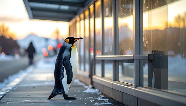 Penguin waiting at a snowy bus stop with cityscape reflection. Warm sunset glow lights up windows