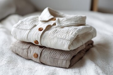 Cozy linen shirts stacked, offering comfort and style for a relaxed lifestyle or fashion-focused marketing campaigns