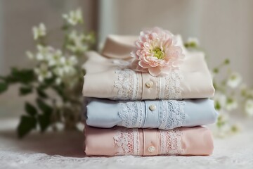 Elegant stack of pastel-colored shirts with lace and flower detail, perfect for fashion, lifestyle, and retail projects