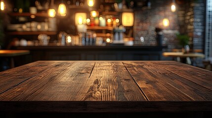 Rustic wooden table shines under warm cafe lights offering a perfect place to showcase your restaurant menu or vintage product display with atmospheric charm